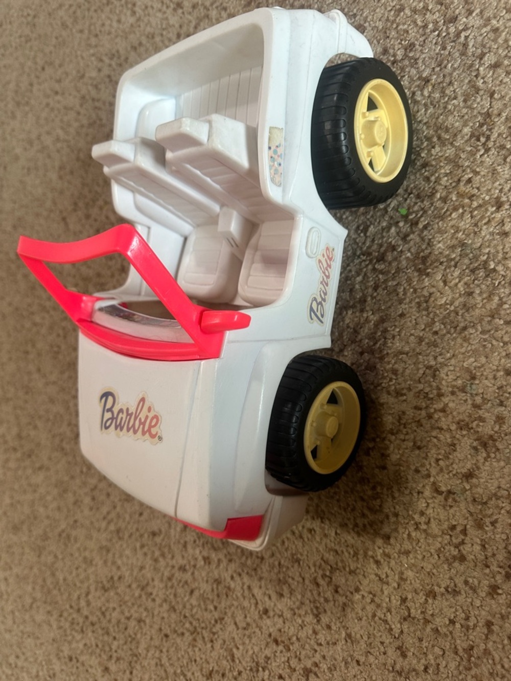 Barbie White Convertible with Pink Windshield and Yellow Wheels